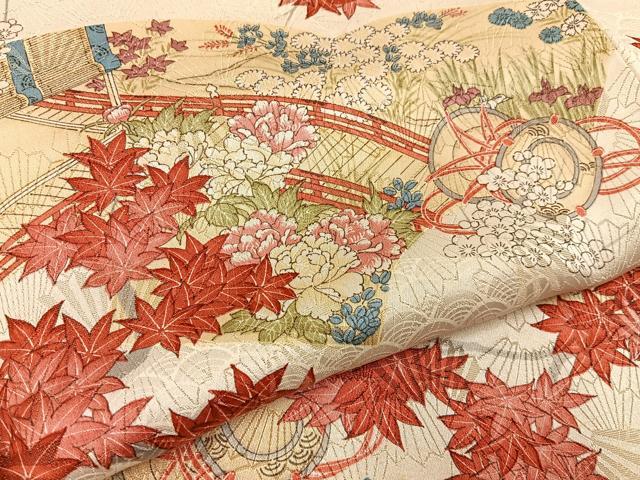 平和屋着物■上質な小紋　鼓風景花文　扇面金通し地　正絹　逸品　BAAY3902hj