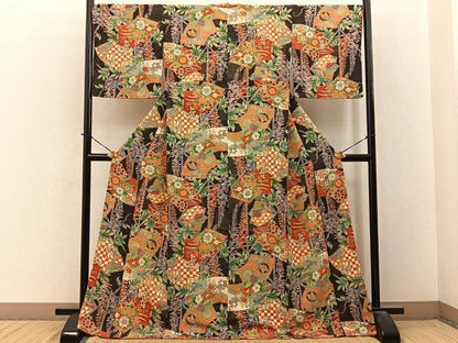 平和屋着物■上質な小紋　地紙花蝶文　黒地　鬼しぼ縮緬　ロング丈　正絹　逸品　BAAY3904hj