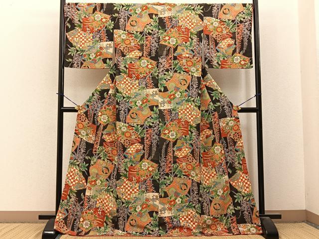 平和屋着物■上質な小紋　地紙花蝶文　黒地　鬼しぼ縮緬　ロング丈　正絹　逸品　BAAY3904hj