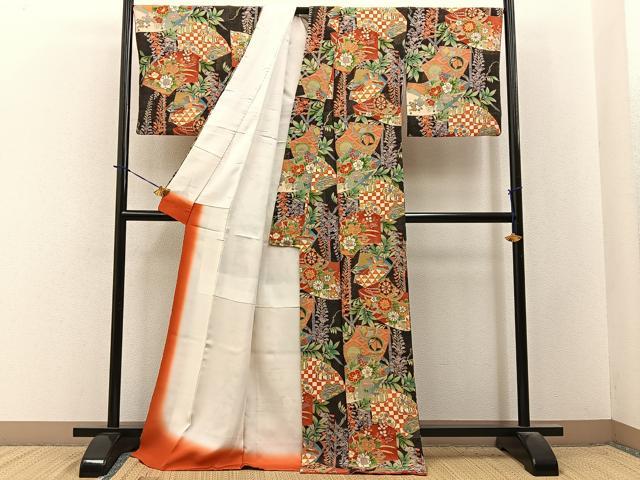 平和屋着物■上質な小紋　地紙花蝶文　黒地　鬼しぼ縮緬　ロング丈　正絹　逸品　BAAY3904hj