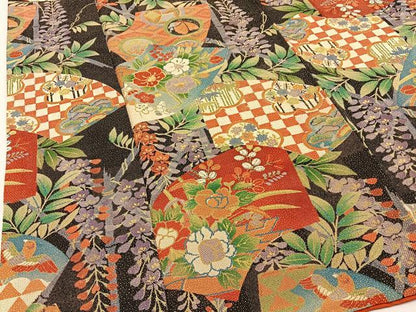平和屋着物■上質な小紋　地紙花蝶文　黒地　鬼しぼ縮緬　ロング丈　正絹　逸品　BAAY3904hj