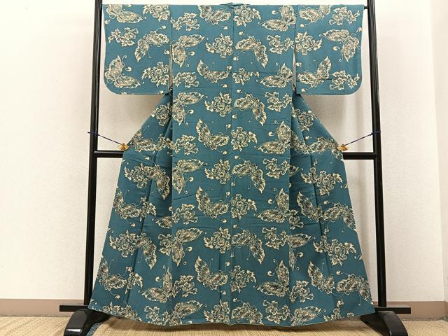 平和屋着物■上質な小紋　藍　型染め　花蝶文　正絹　逸品　BAAY3912hj