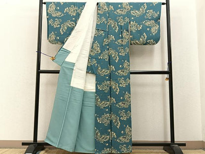 平和屋着物■上質な小紋　藍　型染め　花蝶文　正絹　逸品　BAAY3912hj