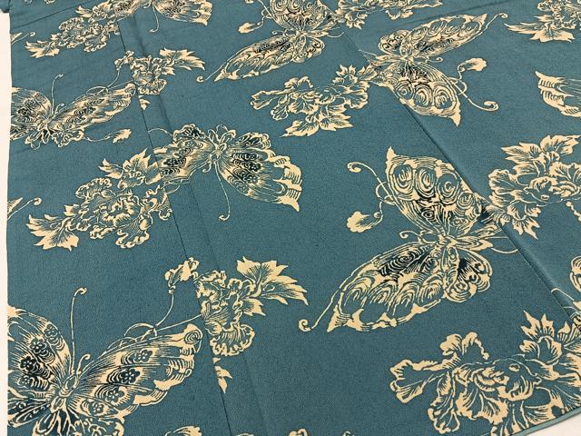 平和屋着物■上質な小紋　藍　型染め　花蝶文　正絹　逸品　BAAY3912hj