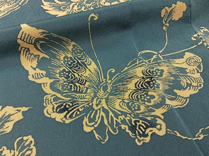 平和屋着物■上質な小紋　藍　型染め　花蝶文　正絹　逸品　BAAY3912hj