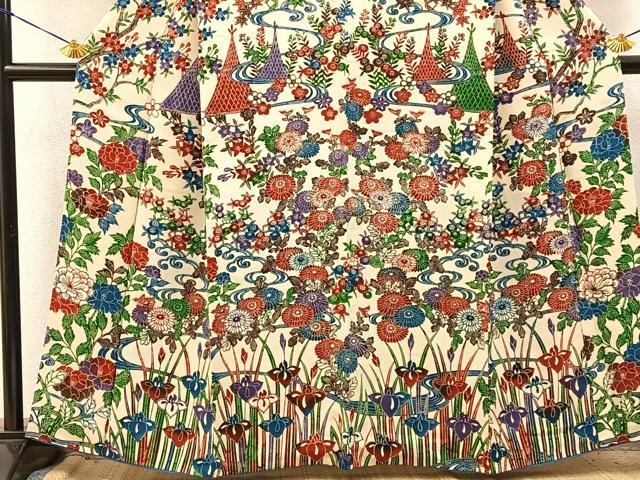 平和屋着物●訪問着　型染め　流水花文　鬼しぼ縮緬　正絹　逸品　BAAY3913hj