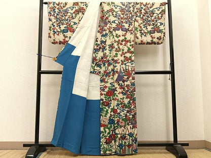 平和屋着物●訪問着　型染め　流水花文　鬼しぼ縮緬　正絹　逸品　BAAY3913hj