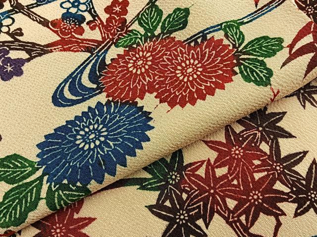 平和屋着物●訪問着　型染め　流水花文　鬼しぼ縮緬　正絹　逸品　BAAY3913hj