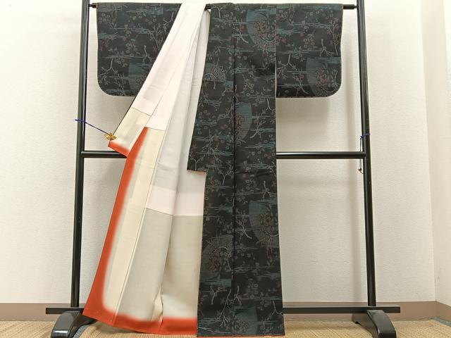 平和屋着物●本塩沢　エ霞枝花文　正絹　逸品　未使用　BAAY3916hj
