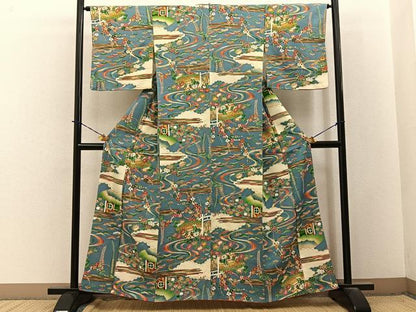 平和屋着物■上質な小紋　松竹梅　風景花文　金彩　正絹　逸品　BAAY3918hj