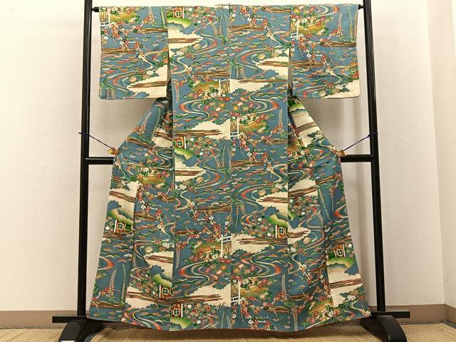 平和屋着物■上質な小紋　松竹梅　風景花文　金彩　正絹　逸品　BAAY3918hj