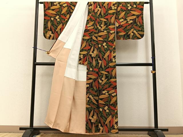 平和屋着物■上質な小紋　草花文　黒地　正絹　逸品　BAAY3922hj