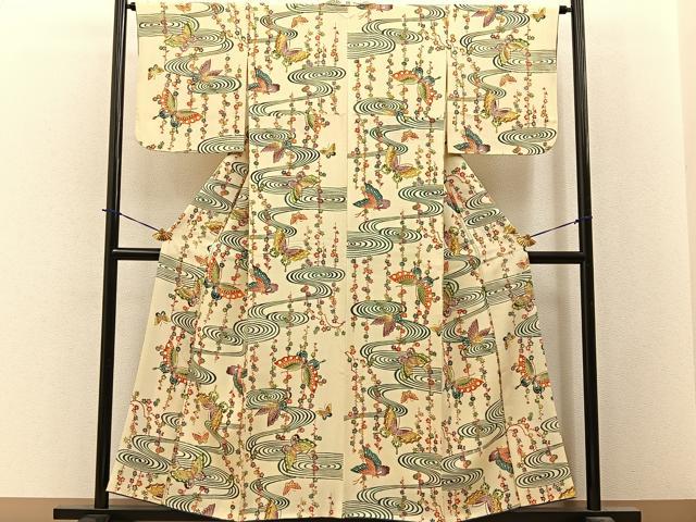 平和屋着物■上質な小紋　型染め　流水花蝶文　正絹　逸品　BAAY3926hj
