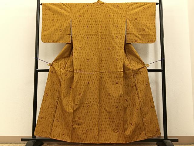 平和屋着物■黄八丈　紬　琉球絣文様　反端付き　正絹　逸品　未使用　BAAY3931hj