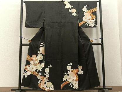 平和屋着物■訪問着　駒刺繍　七宝菊文　黒地　金彩　正絹　逸品　BAAY3934hj