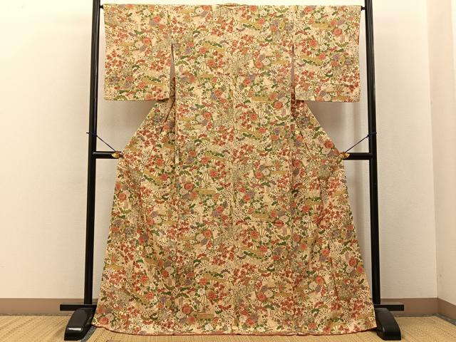 平和屋着物■上質な小紋　扇面花文　ロング丈　正絹　逸品　BAAY3944hj