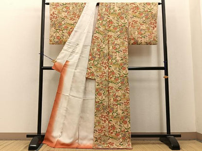 平和屋着物■上質な小紋　扇面花文　ロング丈　正絹　逸品　BAAY3944hj