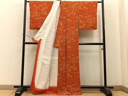 平和屋着物■上質な小紋　風景文　鬼しぼ縮緬　正絹　逸品　未使用　BAAY3951hj