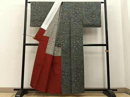 平和屋着物■結城紬　胴抜き仕立て　更紗花唐草文　証紙付き　正絹　逸品　未使用　BAAY3967hj