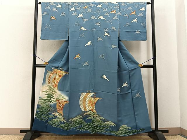 平和屋着物●訪問着　駒刺繍　飛鶴浜松文　帆掛け船　暈し染め　金彩　正絹　逸品　BAAY3970hj