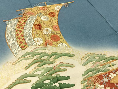 平和屋着物●訪問着　駒刺繍　飛鶴浜松文　帆掛け船　暈し染め　金彩　正絹　逸品　BAAY3970hj