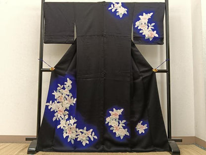 平和屋着物■訪問着　刺繍　草花文　暈し染め　黒地　ロング丈　正絹　逸品　BAAY3972hj