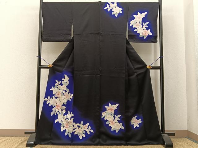 平和屋着物■訪問着　刺繍　草花文　暈し染め　黒地　ロング丈　正絹　逸品　BAAY3972hj