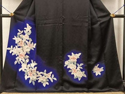 平和屋着物■訪問着　刺繍　草花文　暈し染め　黒地　ロング丈　正絹　逸品　BAAY3972hj