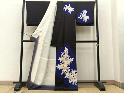 平和屋着物■訪問着　刺繍　草花文　暈し染め　黒地　ロング丈　正絹　逸品　BAAY3972hj