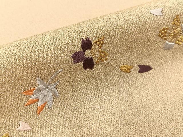 平和屋着物●小振袖　二尺袖　総刺繍　桜楓文　金糸　金通し地　正絹　逸品　BAAY3982hj