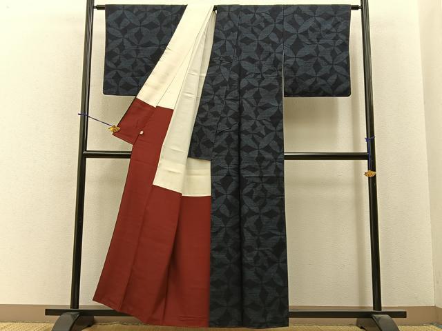 平和屋着物■結城紬　80亀甲　変わり七宝文様　ゑり正扱い　正絹　逸品　BAAY3988hj