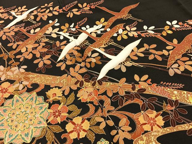 平和屋着物■豪華黒留袖　駒刺繍　飛鶴正倉院花文　金彩　正絹　逸品　BAAY3996hj