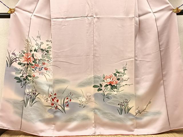 平和屋着物●訪問着　友禅　流水草花文　暈し染め　正絹　逸品　未使用　BAAY3998hj