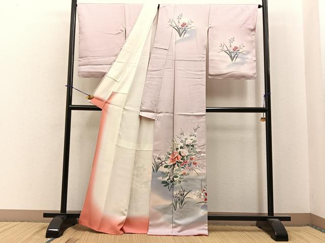 平和屋着物●訪問着　友禅　流水草花文　暈し染め　正絹　逸品　未使用　BAAY3998hj