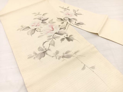 平和屋着物＊夏物　九寸名古屋帯　手描き　刺繍　草花文　銀糸　正絹　逸品　BAAY4001hv