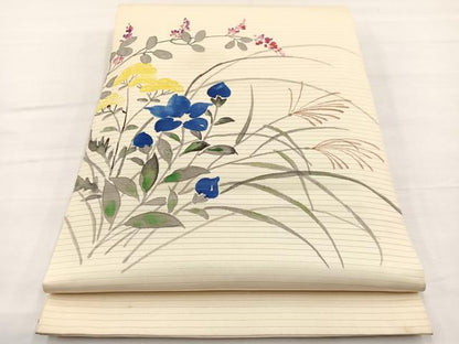 平和屋着物＊夏物　絽塩瀬　九寸開き名古屋帯　手描き　秋草文　銀彩　正絹　逸品　BAAY4006hv