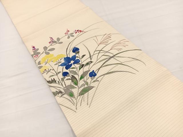 平和屋着物＊夏物　絽塩瀬　九寸開き名古屋帯　手描き　秋草文　銀彩　正絹　逸品　BAAY4006hv