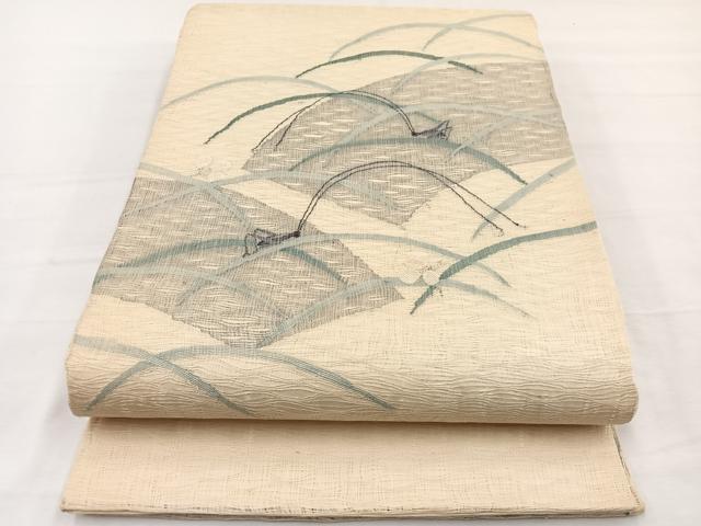平和屋着物＊夏物　太鼓柄袋帯　すくい織　夏虫地紙芝草文　銀糸　正絹　逸品　BAAY4025hv