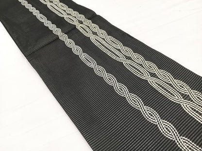 平和屋着物＊夏物　六通柄袋帯　結び紐文　黒地　銀糸　正絹　逸品　BAAY4030hv