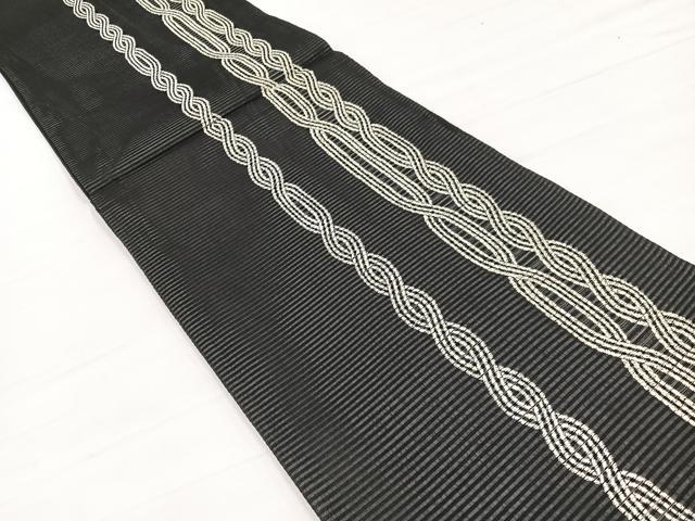 平和屋着物＊夏物　六通柄袋帯　結び紐文　黒地　銀糸　正絹　逸品　BAAY4030hv