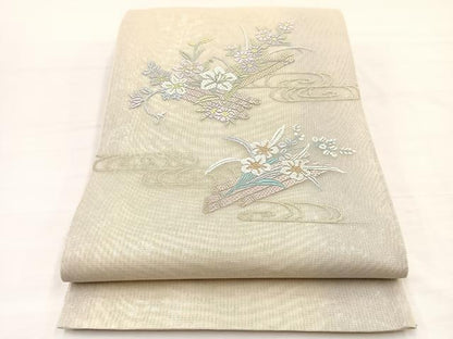 平和屋着物＊夏物　太鼓柄袋帯　絽刺し　区限刺繍　花筏　金糸　正絹　逸品　BAAY4039hv