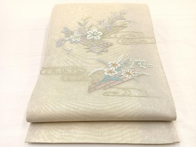 平和屋着物＊夏物　太鼓柄袋帯　絽刺し　区限刺繍　花筏　金糸　正絹　逸品　BAAY4039hv