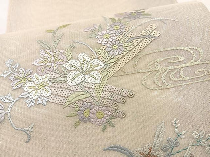 平和屋着物＊夏物　太鼓柄袋帯　絽刺し　区限刺繍　花筏　金糸　正絹　逸品　BAAY4039hv