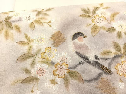 平和屋着物＊夏物　太鼓柄袋帯　手描き　駒刺繍　休み鳥枝桜文　金糸　正絹　逸品　BAAY4040hv