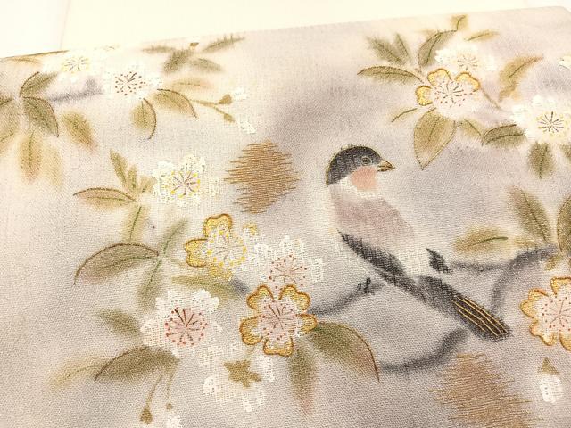 平和屋着物＊夏物　太鼓柄袋帯　手描き　駒刺繍　休み鳥枝桜文　金糸　正絹　逸品　BAAY4040hv