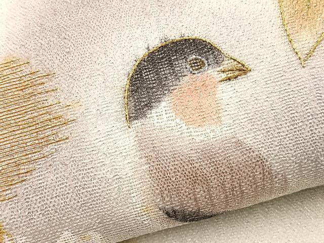 平和屋着物＊夏物　太鼓柄袋帯　手描き　駒刺繍　休み鳥枝桜文　金糸　正絹　逸品　BAAY4040hv