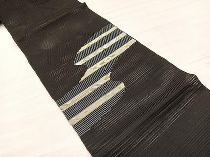平和屋着物＊夏物　八寸名古屋帯　絽綴れ　横段文　黒地　金銀糸　正絹　逸品　BAAY4044hv