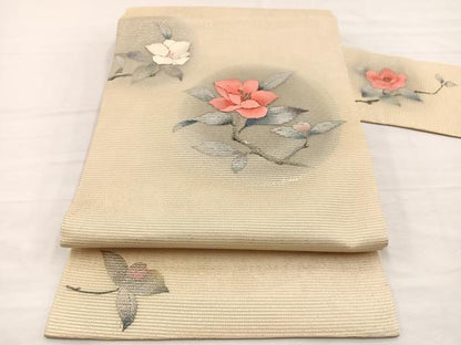 平和屋着物＊夏物　九寸名古屋帯　刺繍　枝花文　銀彩　正絹　逸品　BAAY4059hv