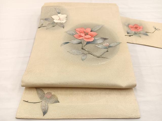 平和屋着物＊夏物　九寸名古屋帯　刺繍　枝花文　銀彩　正絹　逸品　BAAY4059hv
