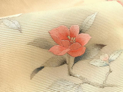平和屋着物＊夏物　九寸名古屋帯　刺繍　枝花文　銀彩　正絹　逸品　BAAY4059hv
